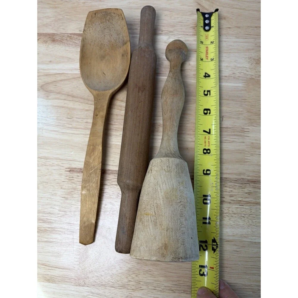 Vintage WoodKitchen Utencil Lot Cow Cutting Board Masher Spoon Rolling Pin Box +